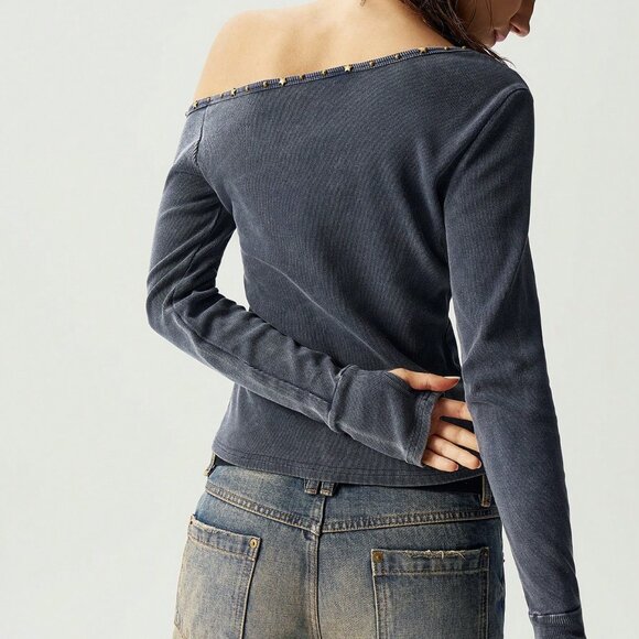 Casual Women's Boho ribbed Asymmetric Neck long Sleeve T-Shirt top - Picture 2 of 8